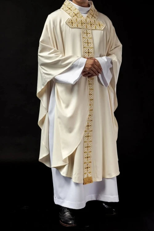 Ecru Chasuble with embroidered hanging band with 500 stones — side view