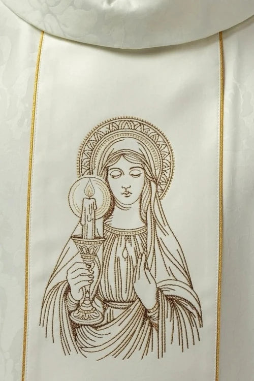 Ecru Chasuble with image of Our Lady of the Miraculous Medal — front view
