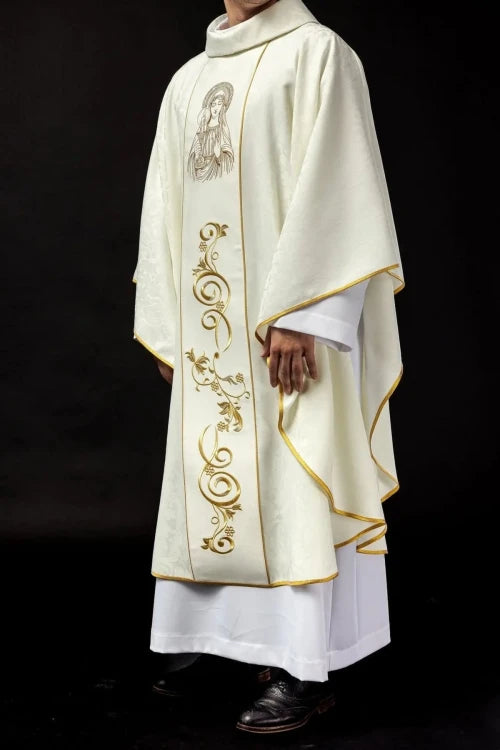 Ecru Chasuble with image of Our Lady of the Miraculous Medal — full view