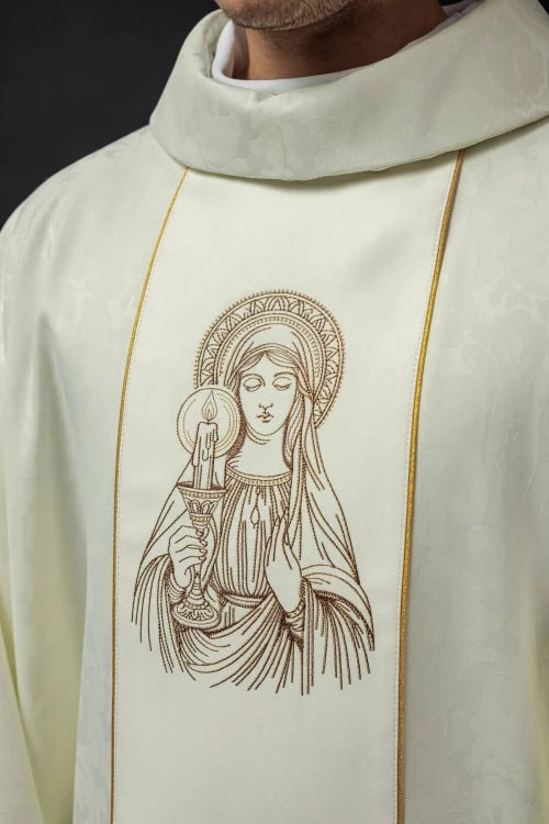 Ecru Chasuble with image of Our Lady of the Miraculous Medal — decoration detail