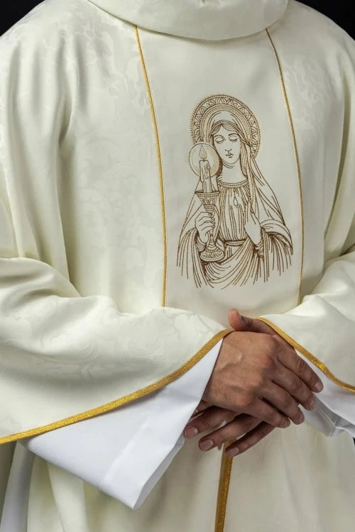 Ecru Chasuble with image of Our Lady of the Miraculous Medal — back view