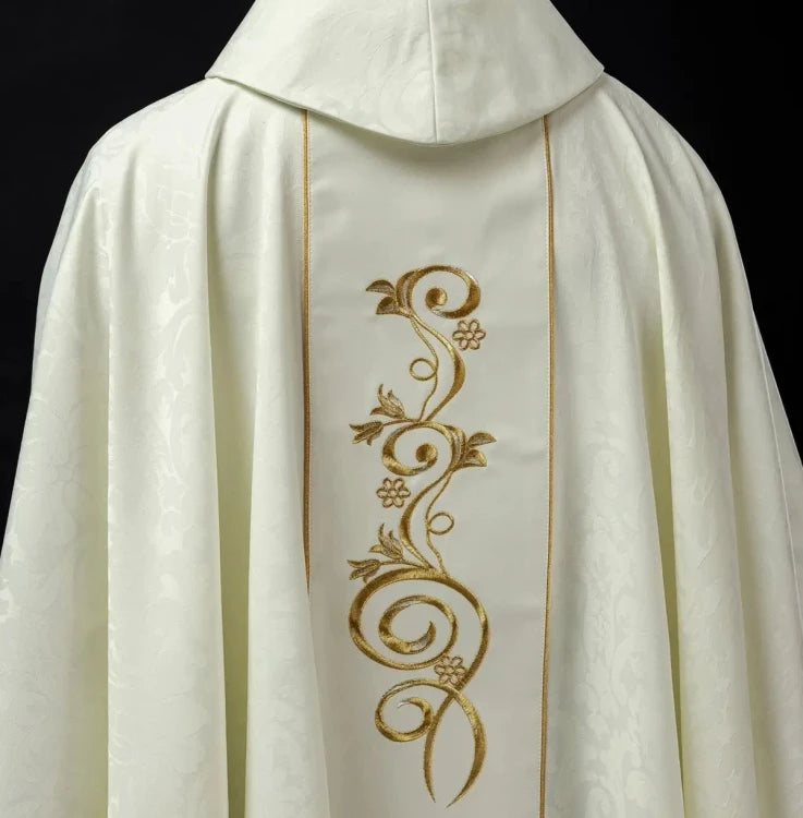 Ecru Chasuble with image of Our Lady of the Miraculous Medal — close-up detail