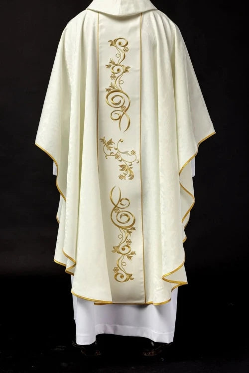 Ecru Chasuble with image of Our Lady of the Miraculous Medal — side view