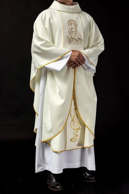 Ecru Chasuble with image of Our Lady of the Miraculous Medal — collar detail