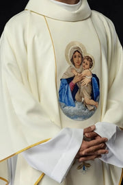 Ecru Chasuble with image of Our Lady with the Child — front view