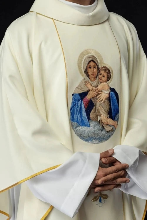 Ecru Chasuble with image of Our Lady with the Child — front view
