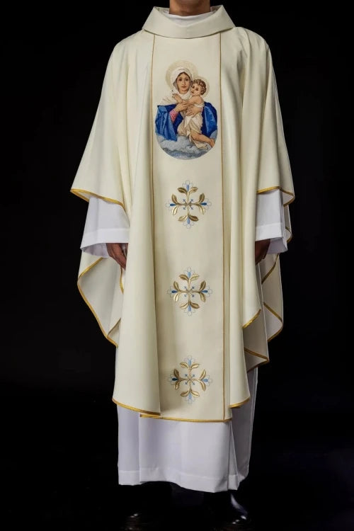 Ecru Chasuble with image of Our Lady with the Child — full view