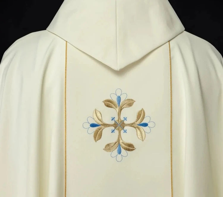 Ecru Chasuble with image of Our Lady with the Child — side view