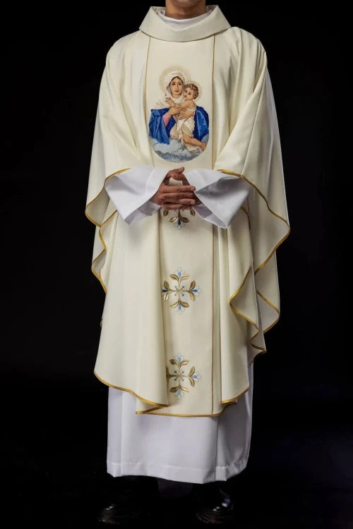 Ecru Chasuble with image of Our Lady with the Child — vestment detail