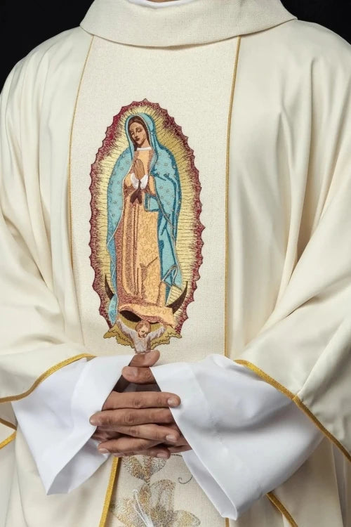 Ecru Chasuble with image of Our Lady of Guadalupe — front view