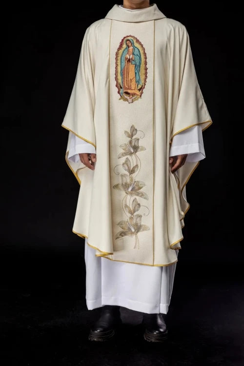 Ecru Chasuble with image of Our Lady of Guadalupe — full view