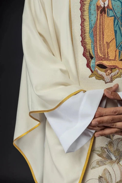 Ecru Chasuble with image of Our Lady of Guadalupe — close-up detail