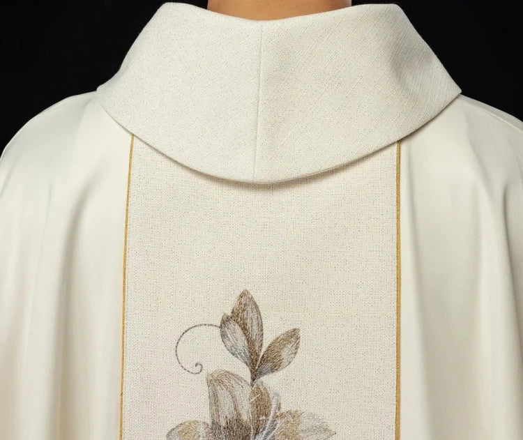 Ecru Chasuble with image of Our Lady of Guadalupe — fabric detail