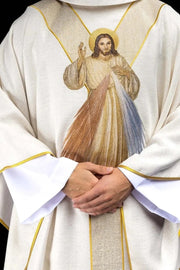 Ecru Chasuble with embroidered image of the Divine Mercy — front view
