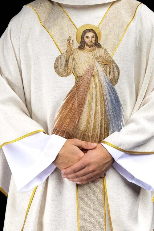 Ecru Chasuble with embroidered image of the Divine Mercy — front view