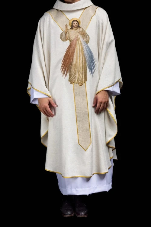 Ecru Chasuble with embroidered image of the Divine Mercy — full view