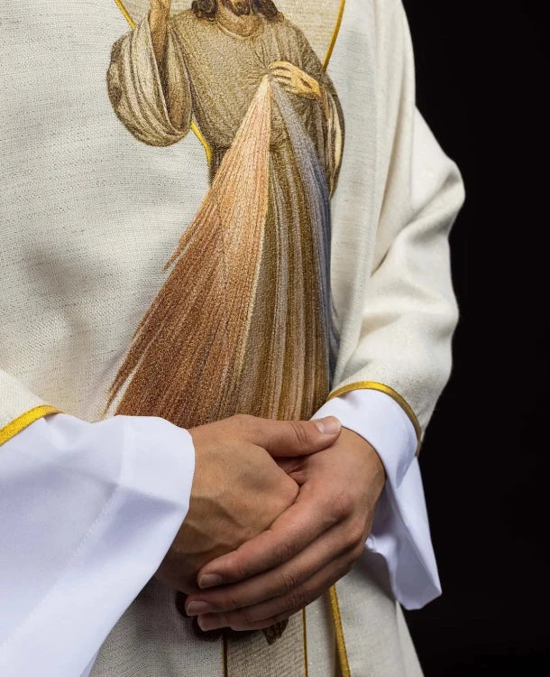 Ecru Chasuble with embroidered image of the Divine Mercy — back view