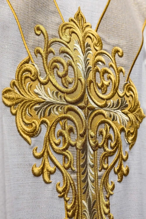 Ecru Chasuble with embroidered image of the Divine Mercy — close-up detail