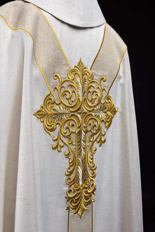 Ecru Chasuble with embroidered image of the Divine Mercy — side view