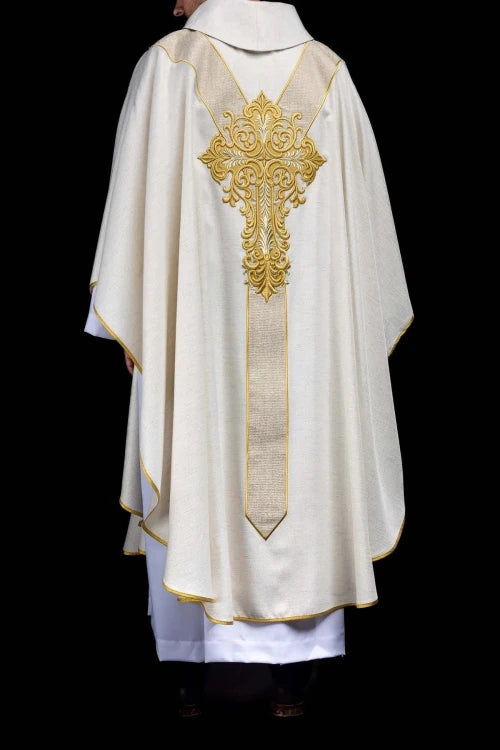 Ecru Chasuble with embroidered image of the Divine Mercy — collar detail