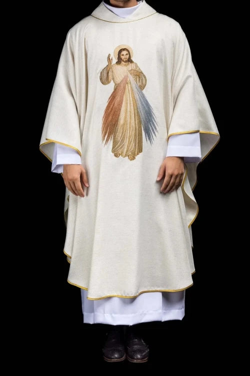 Ecru Chasuble with embroidered image of the Divine Mercy – Variant II — front view