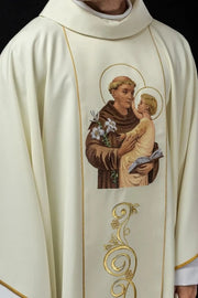 Ecru Chasuble with image of Saint Anthony — front view