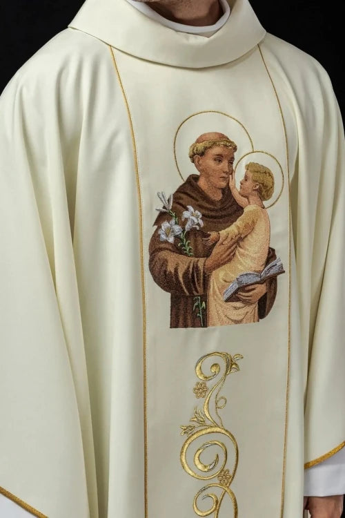 Ecru Chasuble with image of Saint Anthony — front view