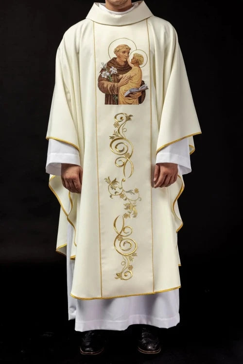 Ecru Chasuble with image of Saint Anthony — full view