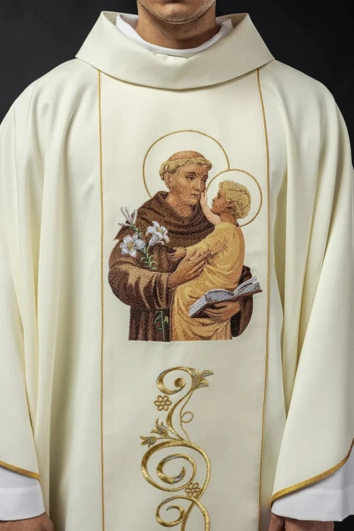 Ecru Chasuble with image of Saint Anthony — decoration detail