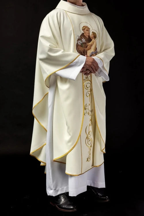Ecru Chasuble with image of Saint Anthony — side view