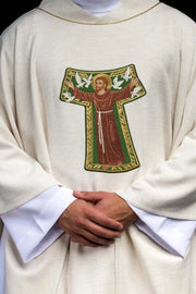 Ecru Chasuble with image of Saint Francis — front view