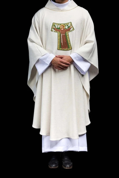 Ecru Chasuble with image of Saint Francis — full view
