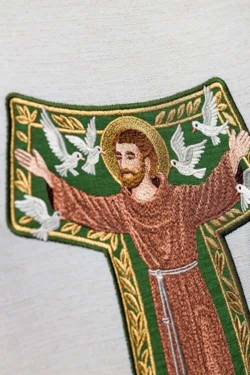 Ecru Chasuble with image of Saint Francis — decoration detail