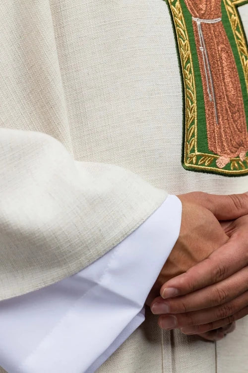 Ecru Chasuble with image of Saint Francis — back view