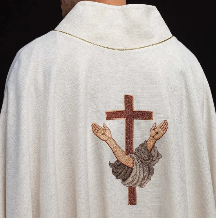 Ecru Chasuble with image of Saint Francis — side view