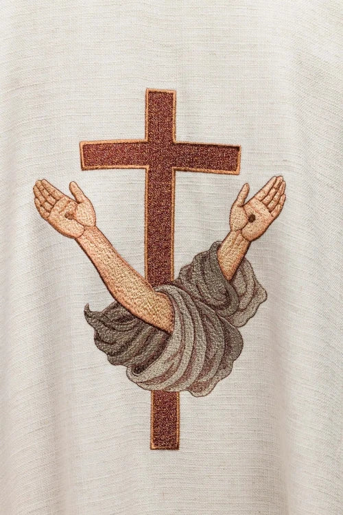 Ecru Chasuble with image of Saint Francis — collar detail
