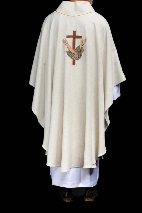 Ecru Chasuble with image of Saint Francis — fabric detail