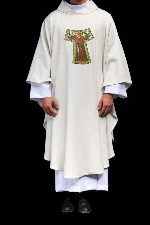 Ecru Chasuble with image of Saint Francis — vestment detail