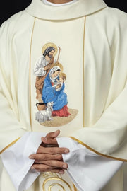 Ecru Chasuble with embroidered Holy Family image for Christmas – Variant III — front view