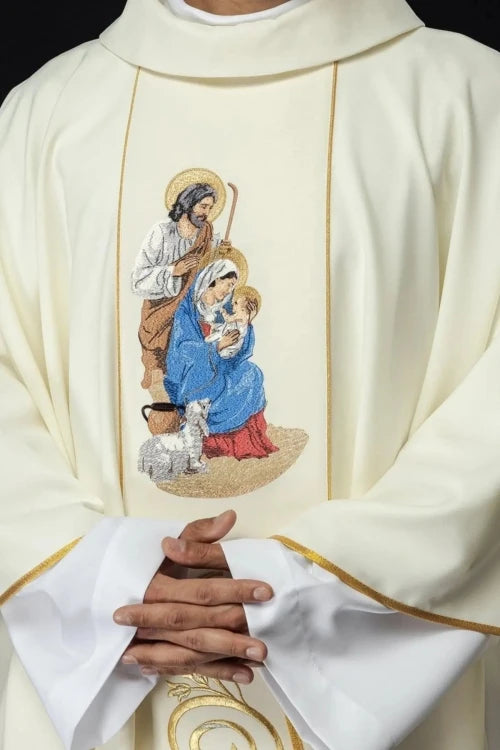 Ecru Chasuble with embroidered Holy Family image for Christmas – Variant III — front view