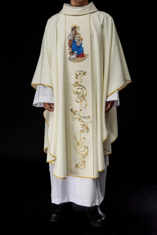 Ecru Chasuble with embroidered Holy Family image for Christmas – Variant III — full view