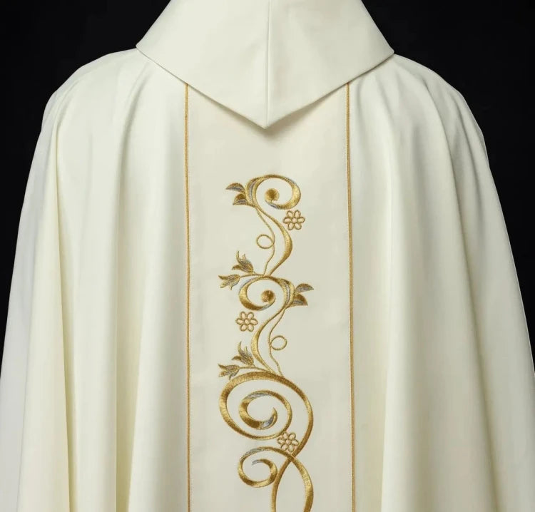 Ecru Chasuble with embroidered Holy Family image for Christmas – Variant III — side view