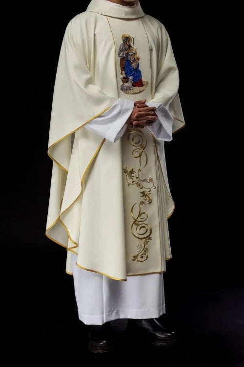 Ecru Chasuble with embroidered Holy Family image for Christmas – Variant III — collar detail