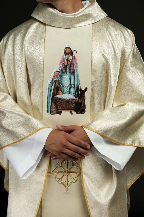 Ecru Chasuble with Holy Family image on gold fabric — front view