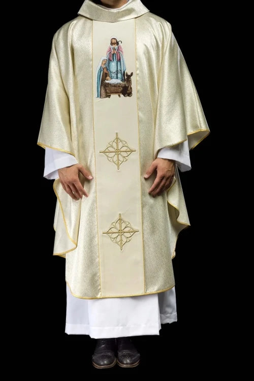 Ecru Chasuble with Holy Family image on gold fabric — full view