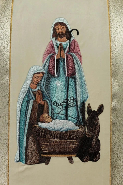 Ecru Chasuble with Holy Family image on gold fabric — decoration detail