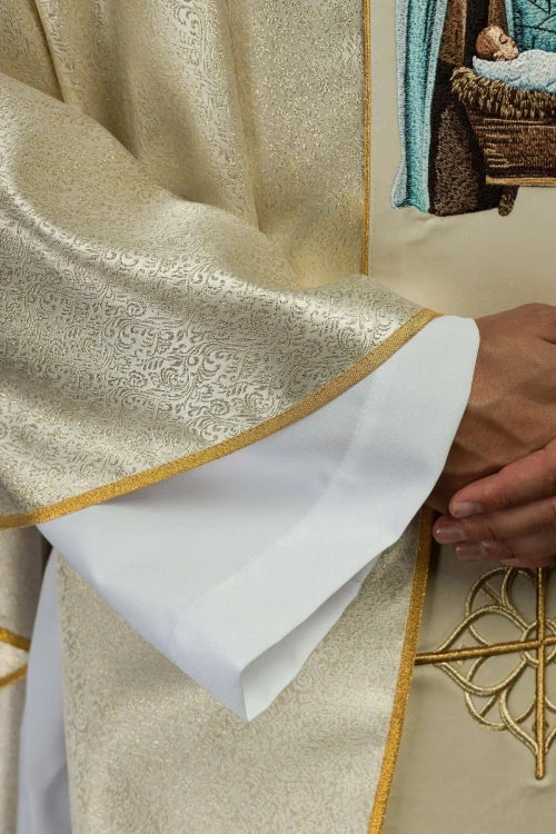 Ecru Chasuble with Holy Family image on gold fabric — back view
