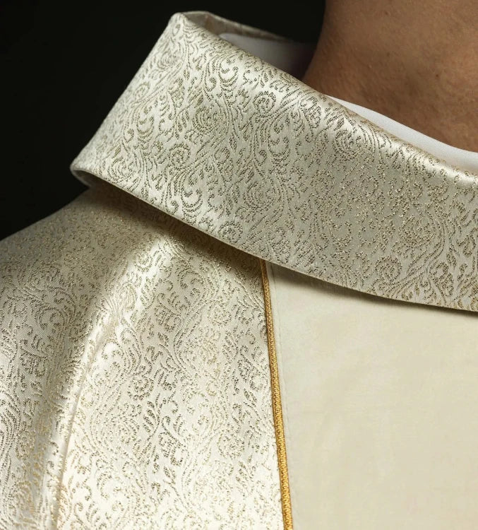 Ecru Chasuble with Holy Family image on gold fabric — close-up detail