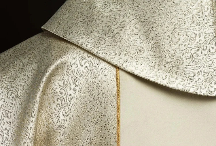 Ecru Chasuble with Holy Family image on gold fabric — side view