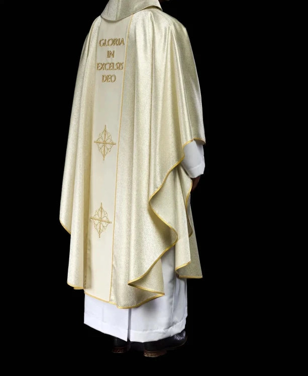 Ecru Chasuble with Holy Family image on gold fabric — fabric detail